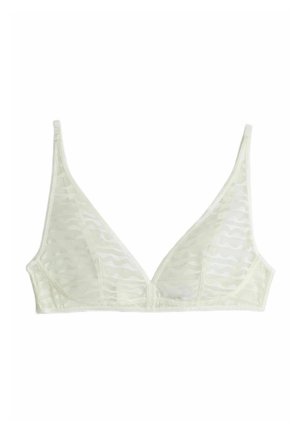 Soutien-gorge bralette triangle blanc transparent avec bretelles fines réglables et tissu en maille à motif ondulé sur un fond blanc.