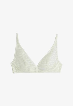 Soutien-gorge bralette triangle blanc transparent avec bretelles fines réglables et tissu en maille à motif ondulé sur un fond blanc.