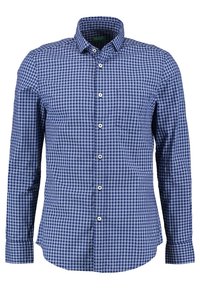 Mörkblå rutmönstrad knapp-up skjorta med spridd krage, långa ärmar och en ficka på vänster bröst. Har vita knappar och en mjuk yta.