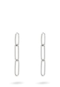 Zilveren metalen oorbellen met een verbonden kettingontwerp, bestaande uit drie langwerpige ovale vormen die verticaal hangen. Soepele, gepolijste afwerking.