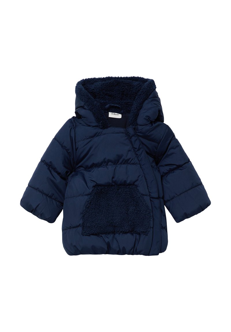 Marineblauwe gevoerde peuterjas met capuchon en een zachte fleece-gevoerde voorkant, ontworpen voor warmte en comfort.