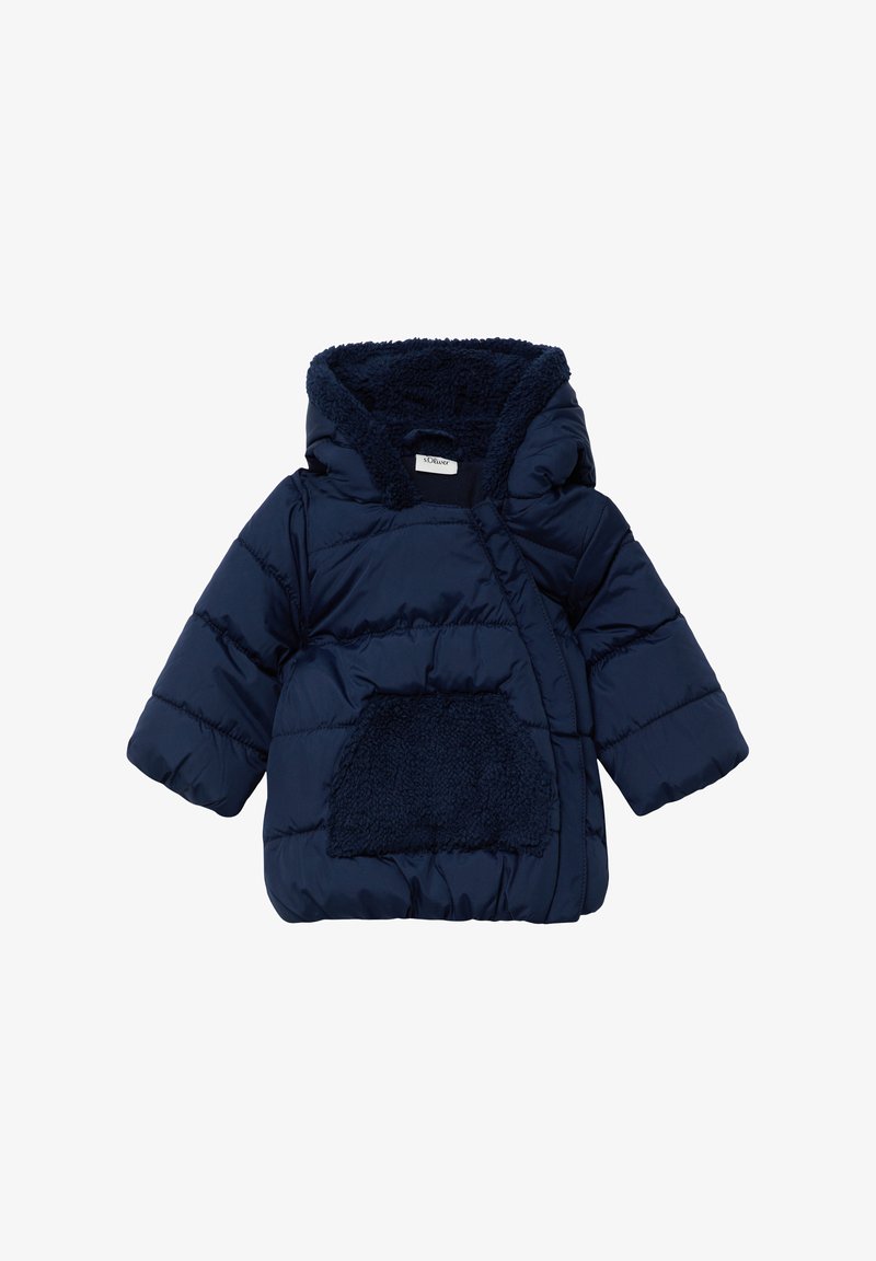 Marineblauwe gevoerde peuterjas met capuchon en een zachte fleece-gevoerde voorkant, ontworpen voor warmte en comfort.