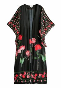 Black kimono with short, wide sleeves featuring pink and red rose patterns, green accents, and a loose, open design. Lightweight fabric.