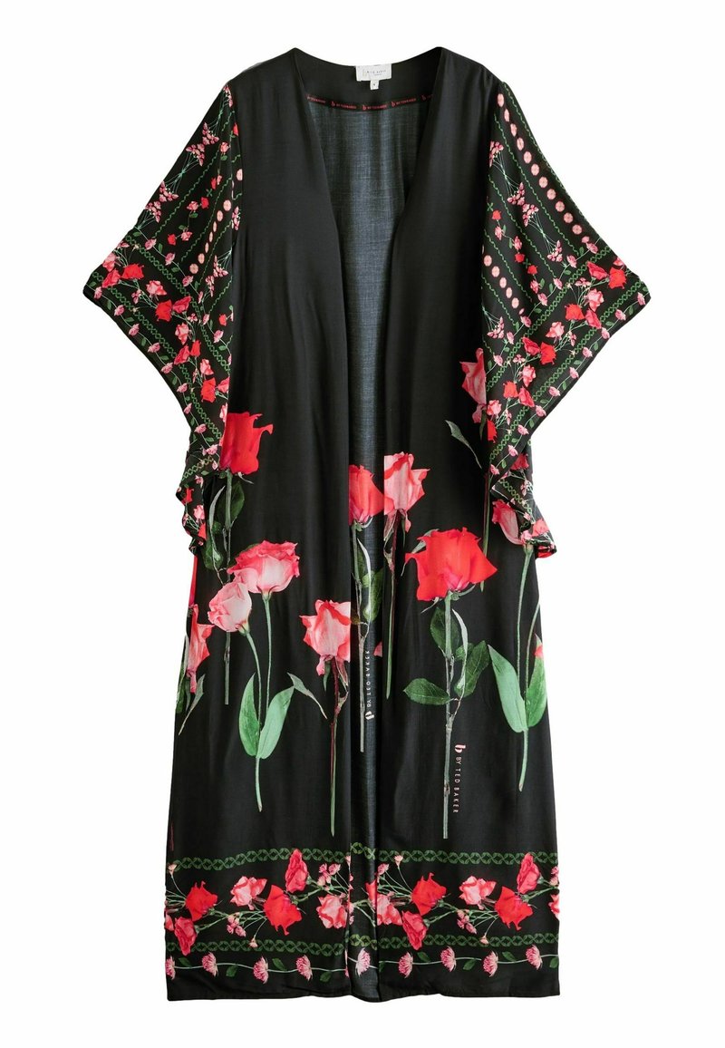 Černý kimono s krátkými, širokými rukávy s motivy růžových a červených růží, zelenými akcenty a volným, otevřeným designem. Lehká látka.
