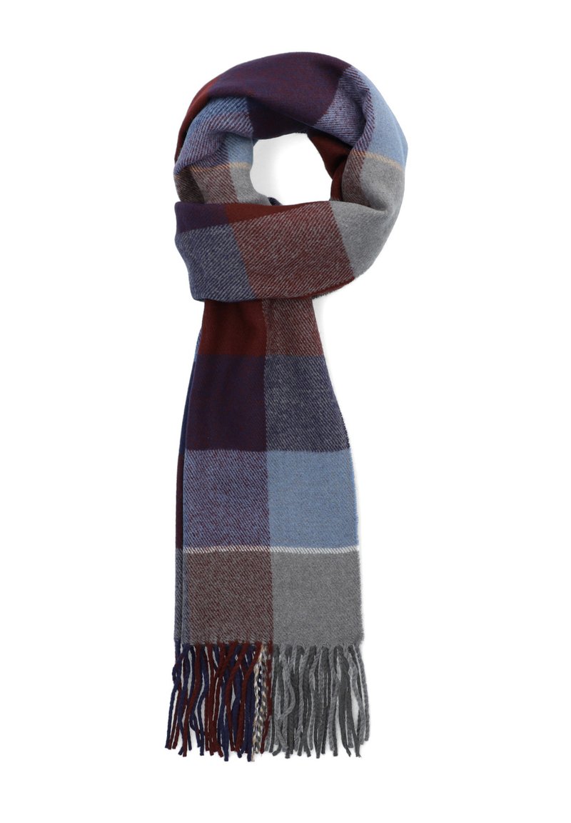 Szalik w kratę z miękkiego materiału w kolorach burgundowym, niebieskim, szarym i kremowym, wykończony frędzlami dla dodatkowej tekstury.