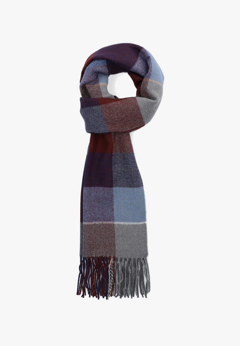 Szalik w kratę z miękkiego materiału w kolorach burgundowym, niebieskim, szarym i kremowym, wykończony frędzlami dla dodatkowej tekstury.