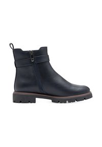 Bottines en cuir noir avec fermeture éclair sur le côté, détail de sangle, languette, et semelle épaisse à profil cranté.