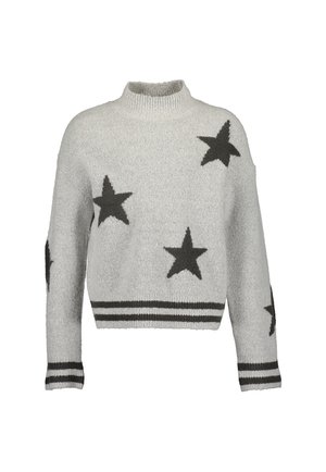 Hellgrauer, flauschiger Pullover mit schwarzen Sternen auf Vorderseite und Ärmeln, geripptem hohem Kragen sowie schwarzen gestreiften gerippten Bündchen und Saum.