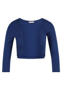 Cardigan court bleu marine avec des manches longues, fabriqué dans un tissu lisse et extensible ; présente un design à ouvert sans fermetures.