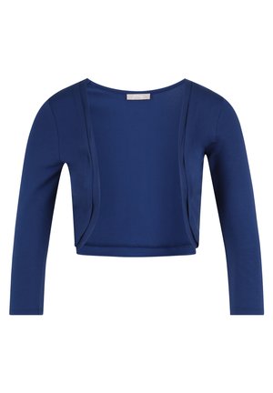 Mørkeblå cropped cardigan med lange ærmer, lavet af et glat, strækbart stof; har et åbent frontdesign uden lukninger.