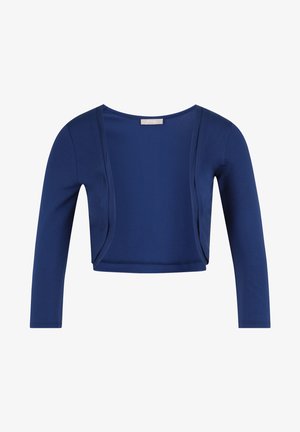 Granatowy, krótki kardigan z długimi rękawami, wykonany z gładkiego, elastycznego materiału; posiada otwarty przód bez zapięć.