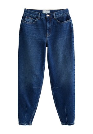 Dark blue denim jeans with a relaxed fit, featuring five pockets, a zip fly, and subtle fading. The cuffs are tapered for a contemporary look.