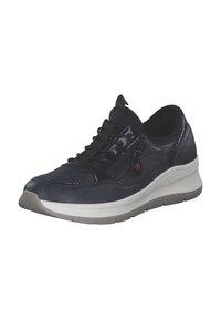 Black leather shoe with a textured finish, featuring laces, a side zipper, and a cushioned sole in gray and white.