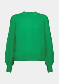 Pull tricoté vert vif avec de longues manches bouffantes et un col rond, présenté sur un fond clair uni.
