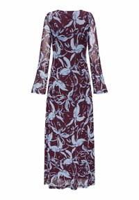 Ilga, burgundi spalvos suknelė su ilgomis, permatomomis rankovėmis. Puošnaus šviesiai mėlyno gėlių rašto. Minkšta medžiaga, plačios formos, iki kulkšnies ilgio siluetas.