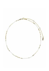 Beaded necklace featuring white and gold-tone beads, round shape, with a textured finish and a lobster clasp closure. Adjustable length details included.