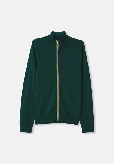 Grønn zip-up cardigan med høy krage, med et flerfarget stripe langs glidelåsen, ribbede mansjetter og en jevn tekstur.