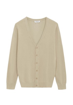 Cardigan beige col en V avec manches longues, boutonné sur le devant, poignets et bas côtelés, en tissu maille fine.