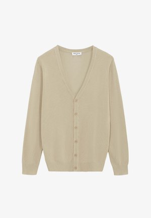 Cardigan beige col en V avec manches longues, boutonné sur le devant, poignets et bas côtelés, en tissu maille fine.