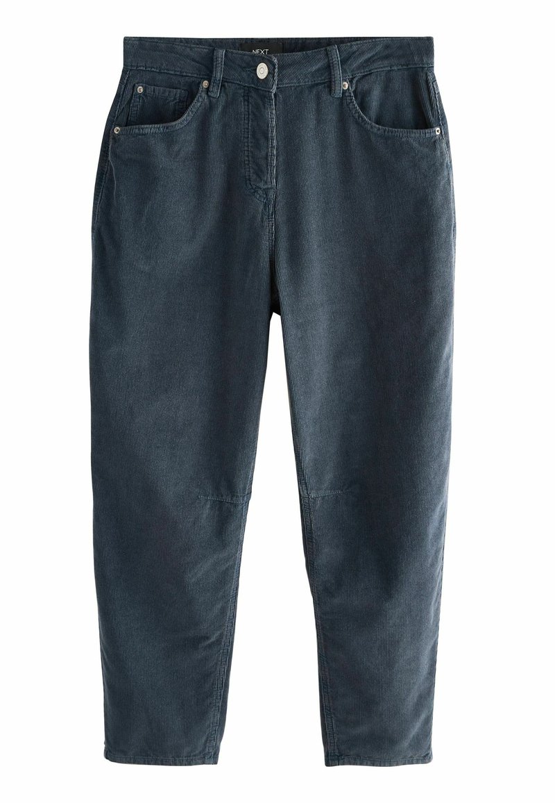 Pantaloni in cordone blu scuro con design a gamba dritta, dotati di due tasche anteriori e chiusura con bottone in vita.