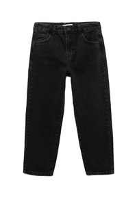 Pantalones de mezclilla negro con un corte relajado, con cierre de botón, cinco bolsillos y detalles de costura sutiles a lo largo de las costuras.