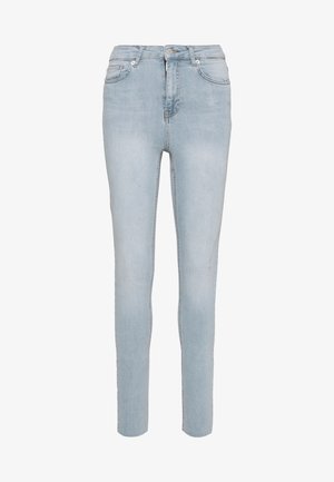 Hellblaue, hoch taillierte Skinny-Jeans mit Fronttaschen, Gürtelschlaufen, Knopfverschluss und verblassten Details an Oberschenkeln und Knien.