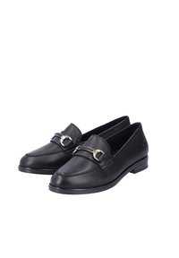 Mocassins en cuir noir avec un bout arrondi, présentant une accent en boucle dorée et un petit talon. Texture lisse, détails de couture minimaux.