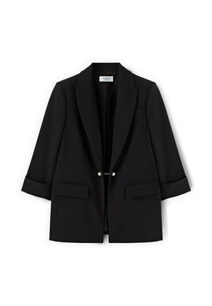 Schwarzer, maßgeschneiderter Blazer mit Reverskragen, zwei vorderen Pattentaschen, gekürzten Ärmeln und dekorativen doppelt-perlenden Knöpfen auf der Vorderseite.