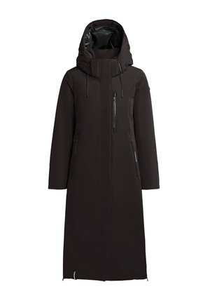 Long black puffer coat with a high collar, adjustable hood, and zippered front pockets. Smooth, water-resistant fabric.
