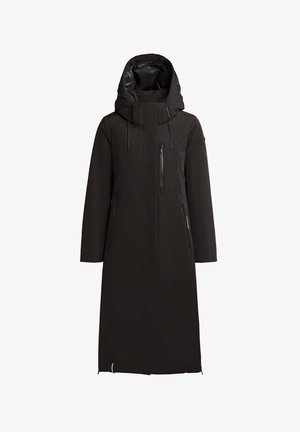 Long black puffer coat with a high collar, adjustable hood, and zippered front pockets. Smooth, water-resistant fabric.