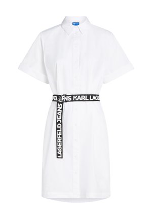 White button-up shirt dress with short sleeves, featuring a black logo belt at the waist and a straight hemline.
