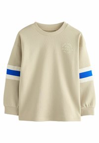 Beige long-sleeve sweatshirt with ribbed neckline, white and blue stripes on sleeves, and "East Coast Athletic Sports Club" printed in beige.