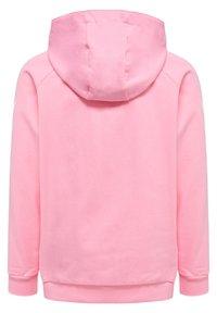 Felpa con cappuccio rosa realizzata in tessuto morbido. Presenta una tasca a marsupio, polsini e fondo a costine. Texture liscia, design semplice, senza grafiche.