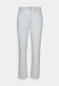 Jeans in denim azzurro chiaro con un design a gamba dritta, cinque tasche, chiusura frontale con bottone e dettagli di cucitura sottili.