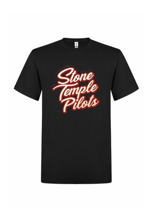 T-shirt noir à manches courtes avec une écriture rétro blanche et rouge en gras « Stone Temple Pilots » centré sur le devant.