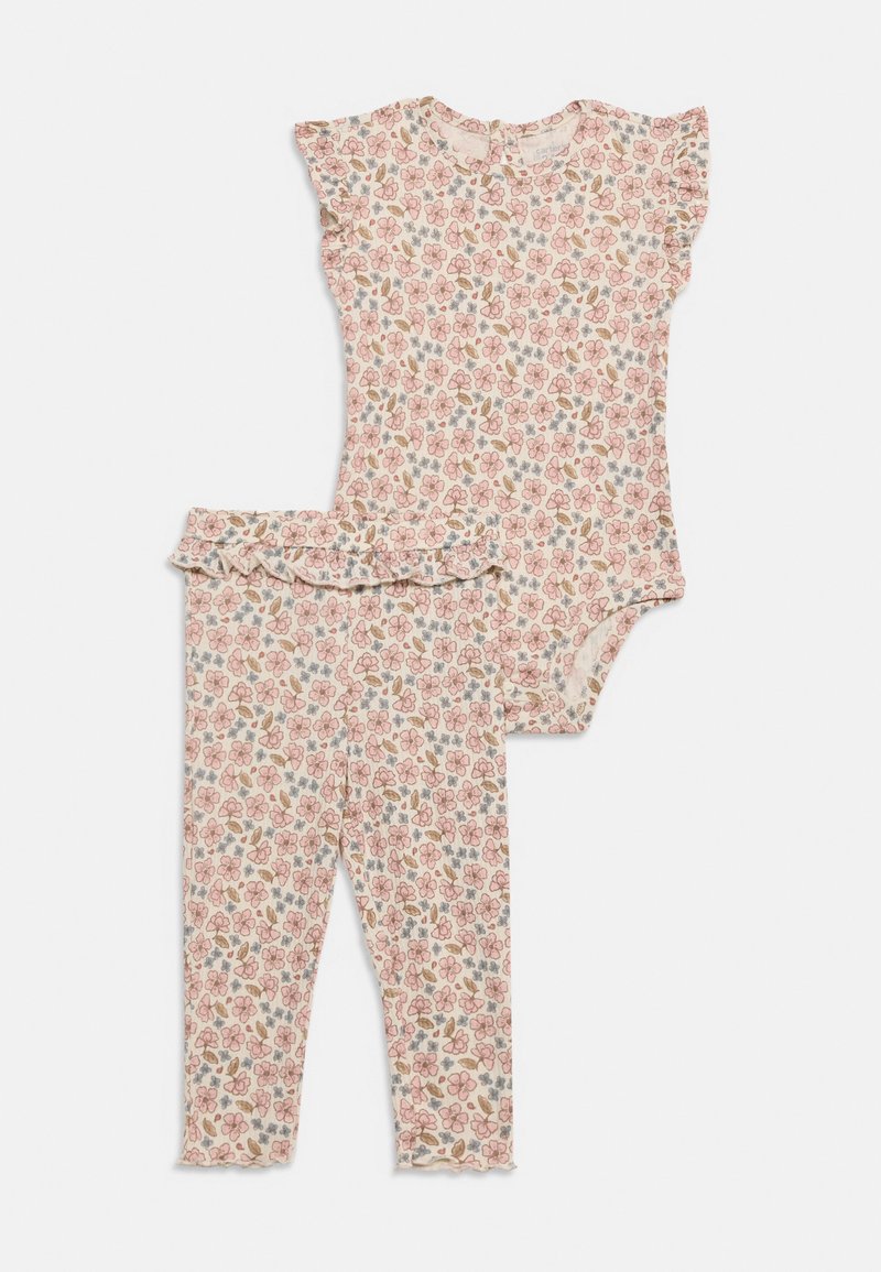 Body bébé fille à manches courtes à motifs floraux avec leggings assortis, tous deux ornés de motifs de fleurs roses et beiges sur un fond crème.