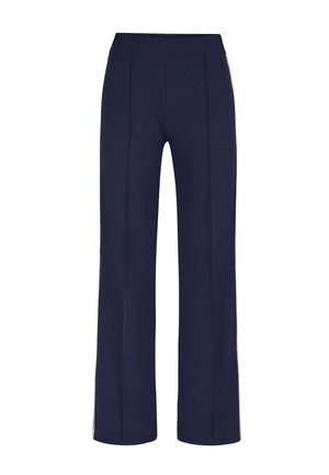 Marineblauwe broek met wijde pijpen, verticale naden aan de voorkant en een elastische tailleband.