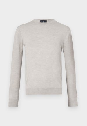 Lichtgrijze trui, gemaakt van zachte stof, heeft lange mouwen en een ronde halslijn. Eenvoudig ontwerp met geribde manchetten en zoom.