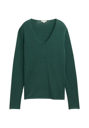 Roheline, pikakä sleeve-sweater sügava V-kaelusega, valmistatud pehmest kangast. Omab vabalt langevat lõiget ja peent, sujuvat tekstuuri.