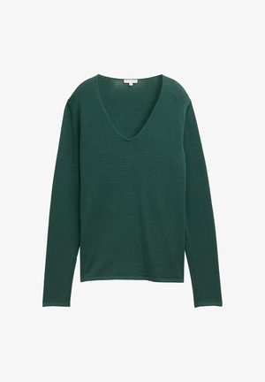 Roheline, pikakä sleeve-sweater sügava V-kaelusega, valmistatud pehmest kangast. Omab vabalt langevat lõiget ja peent, sujuvat tekstuuri.