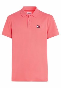 Rosa pikétröja i bomull med klassisk krage, tre knappar och ett litet logopatch på vänster bröst. Slät textur.