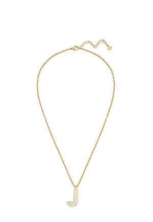 Collier chaîne en or avec un pendentif en forme de lettre J, avec un design à lignes parallèles et un fermoir ajustable avec un petit charme décoratif.