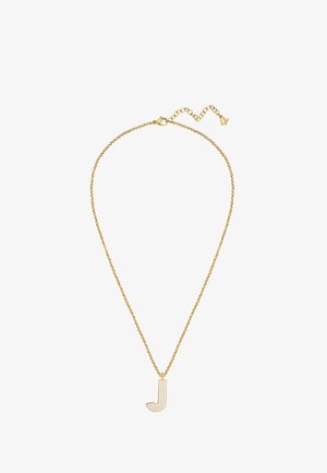 Collier chaîne en or avec un pendentif en forme de lettre J, avec un design à lignes parallèles et un fermoir ajustable avec un petit charme décoratif.