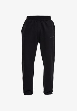 Pantalon de survêtement noir décontracté avec taille élastique et poches latérales, arborant un petit logo "DROPSTYLE" sur la partie supérieure de la cuisse gauche.