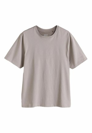 Hellgraues kurzärmeliges Baumwoll-T-Shirt mit Rundhalsausschnitt, schlichtes Design, flach auf einem weißen Hintergrund dargestellt.