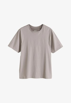 Jasnoszary bawełniany T-shirt z krótkim rękawem i okrągłym dekoltem, o jednolitym wzorze, wyłożony na płasko na białym tle.