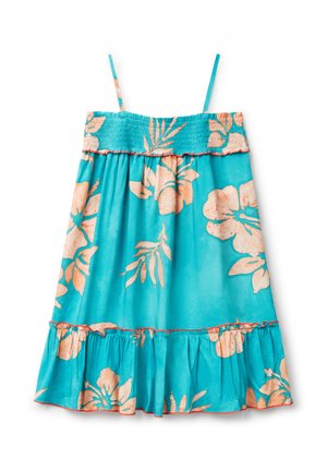 Robe turquoise avec un motif floral en pêche, dotée de bretelles spaghetti, d'un corsage smocké et d'un bas évasé avec des volants.