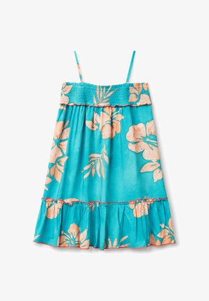 Turquoise jurk met bloemenpatroon in perzik, met spaghettibandjes, een smock-bovenstuk en een uitlopende, gerimpelde onderkant.
