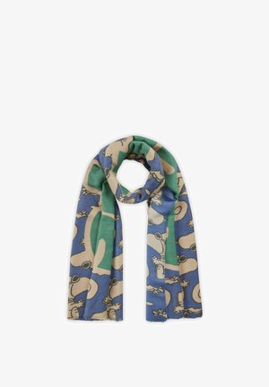 Multicolor scarf featuring a cartoon pattern with tan, blue, and green colors. Made from soft fabric with fringed edges.