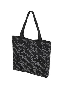 Zwarte tote bag met een herhalend grijs logo-patroon, gemaakt van stof met twee stevige handvatten en een platte bodem voor stabiliteit.